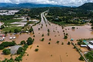A drone view shows a flooded area, following the impact of Typhoon Yagi, in the northern province of Chiang Rai, Thailand, September 12, 2024. REUTERS/Anupong Intawong